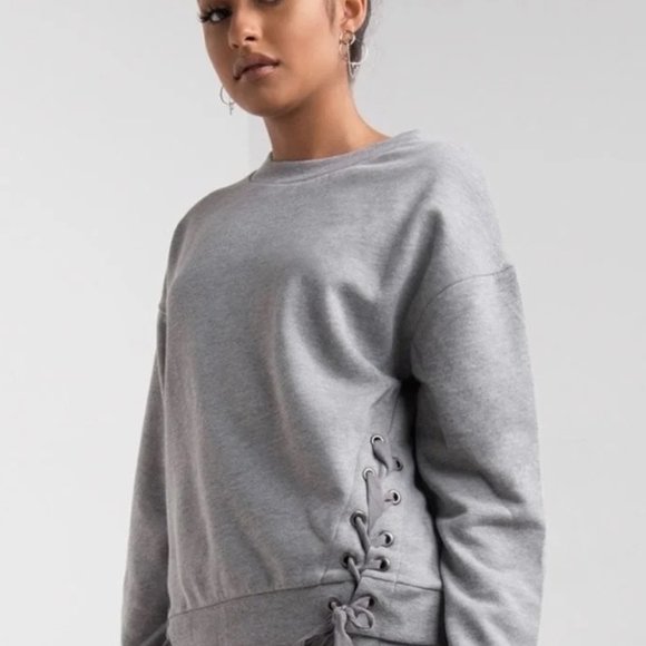 90 Degree by Reflex Grey Lace-up Sweatshirt - Picture 1 of 5